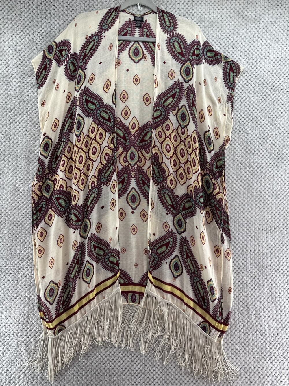 Rosse accessories Long Boho Cardigan Womens S/M Burgundy Open Front Fringe